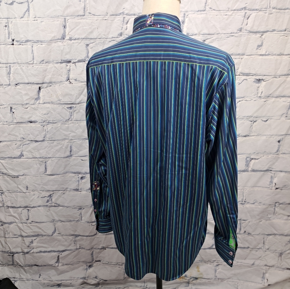 Robert Graham Mens Button Down Shirt Green Blue Striped Flip Cuff Classic Fit XL - Picture 4 of 16